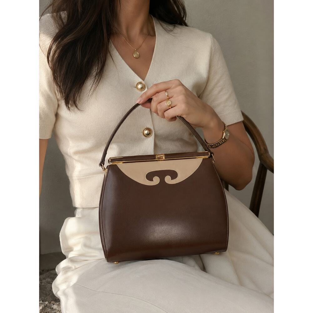 Vintage 1950s Brown & Cream Structured Top Handle Handbag